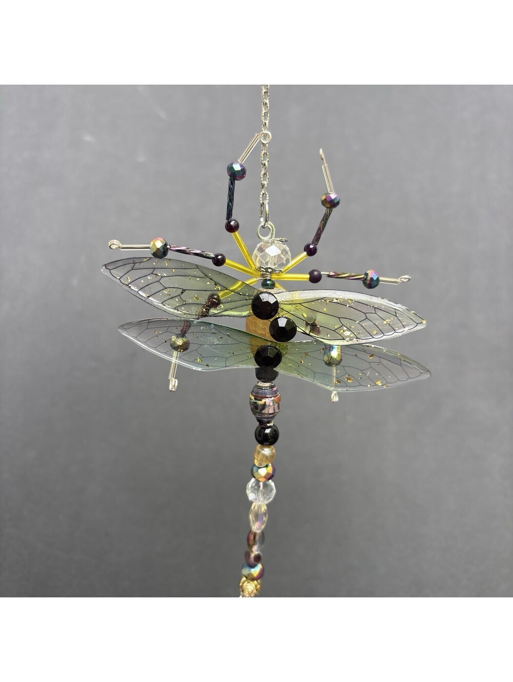 Suncatcher Green Yellow Dragonfly Translucent Wings Holding Bead VIDEO
